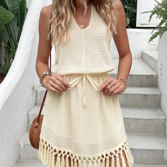 Apricot Boho Womens Fringe Hem Tie Backless Halter Dress - Picture 5 of 5